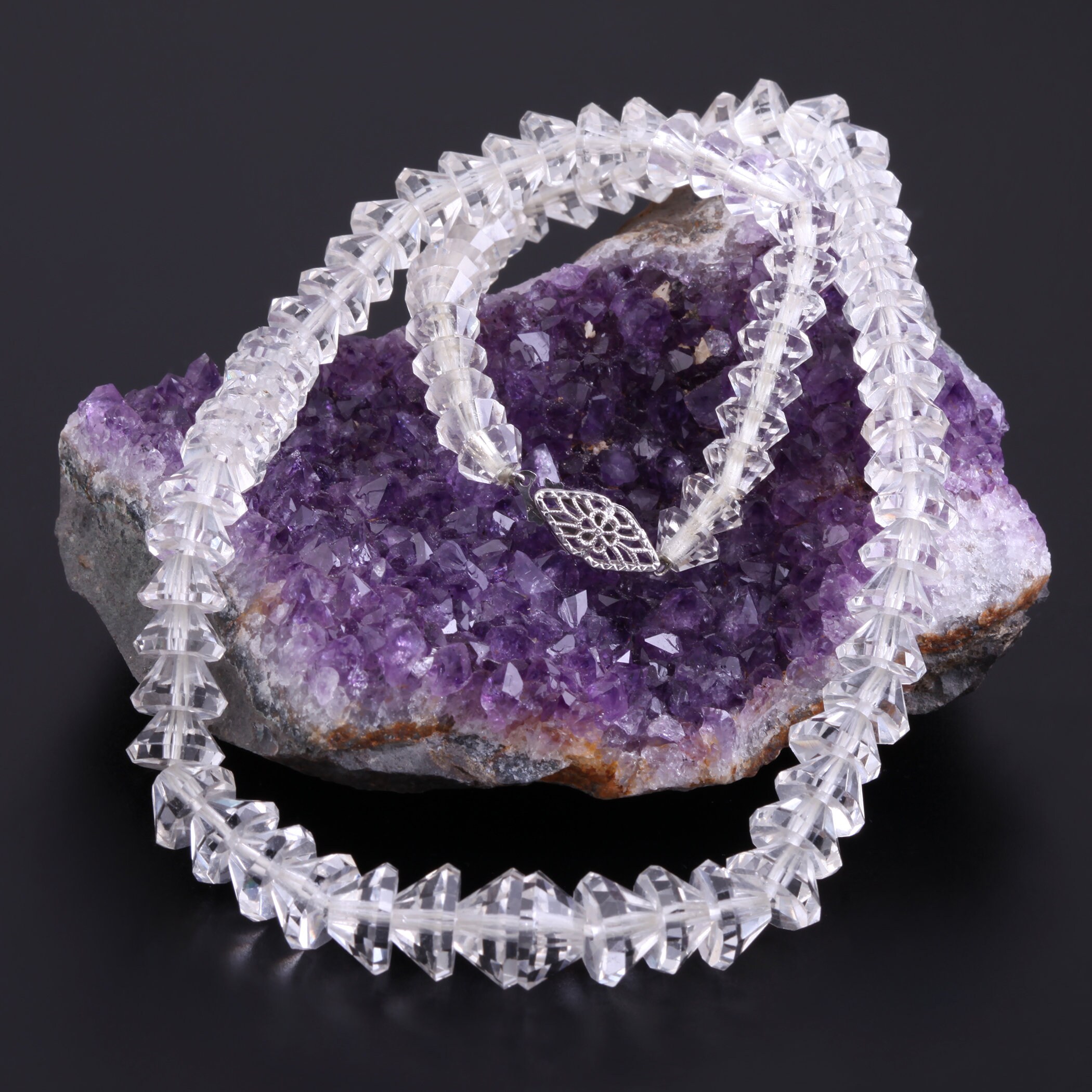 Antique 10k Rock Crystal Necklace Choker Faceted Clear Quartz Filigree White Gold Vintage Estate Jewelry