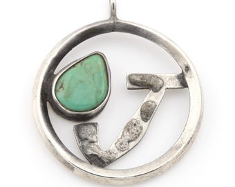 Fine Vintage Artisan 925 Sterling Silver Green Turquoise Pendant J Initial Letter for Necklace