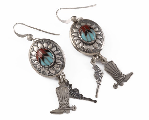 Native American Detailed Vintage Turquoise Inlay Cowboy Spur Sterling Silver Earrings Native American Detailed Vintage Turquoise Inlay Cowboy Spur Sterling Silver Earrings