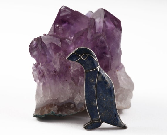 Vintage Lapis Lazuli Inlay Penguin Brooch Pin 980… - image 2