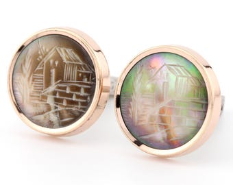Antique Victorian Cufflinks Hand Carved Landscape Cameo Abalone Shell MOP Gold Filled Vintage Estate Jewelry July 19 1881