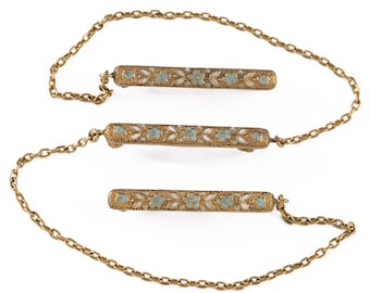Antique 14k Krementz Bar Brooch Pin Signed Chain Trio Set Enamel Solid Yellow Gold Forget Me Not Vintage Estate Jewelry