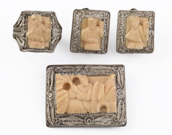 Antique Chinese Jewelry Set Carved Bovine Bone Fi… - image 4
