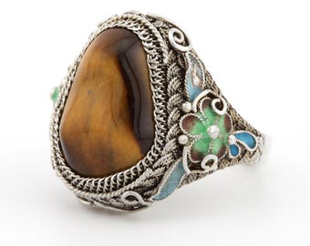 Vintage to Antique Chinese Export Sterling Silver Ring Tiger's Eye Enamel Filigree Adjustable US Size 7.25