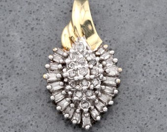Vintage 10k Diamond Cluster Slide Pendant Charm Two Tone Solid Gold Round and Baguette Cut