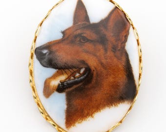 Vintage Dog Brooch Pin German Shepherd Transferware on Porcelain Cameo Style Animal Portrait Jewelry