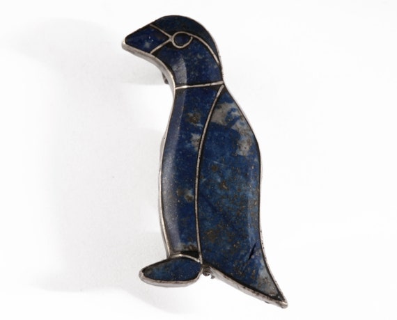 Vintage Lapis Lazuli Inlay Penguin Brooch Pin 980… - image 1