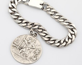 Vintage Mexican Curb Chain Bracelet 925 Sterling Silver Cuban Link Large San Cristobal Charm Mexico