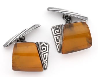 Vintage Russian Amber Cufflinks Modernist Signed P 875 Silver USSR Mid Century Modern Men's Jewelry