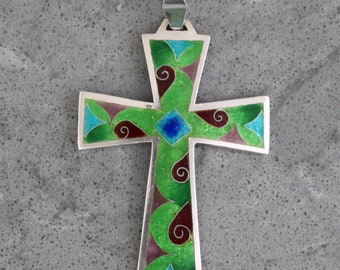 925 Sterling Silver Enamel Cross Pendant for Necklace Green Multi Color Vintage Religious Jewelry 1.9"