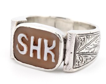 Vintage to Antique Hand Carved Shell Cameo Ring 925 Sterling Silver SHK Initial Monogram Engraved Men's Jewelry US Size 10.5 to 11