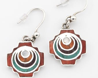 Vintage Chakana Inca Cross Earrings Fine 950 Sterling Silver Multi Stone Inlay Peruvian Drop Dangle