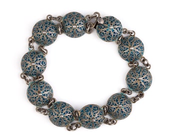 Antique Plique a Jour Bracelet Fine 800 Silver Blue Domed Linked Panels Signed Vintage Estate Jewelry