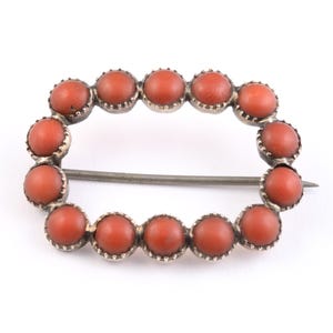 Antique Georgian or Victorian 9ct / 9k Gold Coral Brooch Pin Orange Cabochon Vintage Genuine 1800s Fine Jewelry