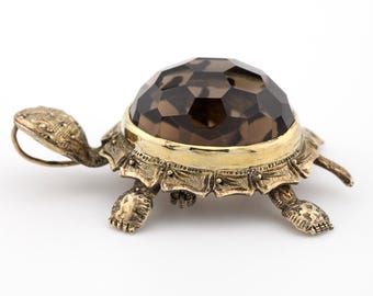 Vintage Chinese Export Turtle Pendant Brooch Pin Vermeil Silver Faceted Smoky Quartz Animal