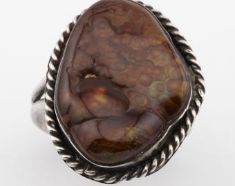 Vintage Native American Fire Agate Ring Sterling Silver Old Split Shank Rope Border Men's Jewelry US Size 9.25 to 9.5