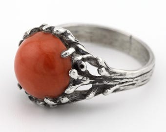 Vintage to Antique Coral Cabochon Ring 925 Sterling Silver Art Nouveau Freeform Branch Design Signed US Size 6.5