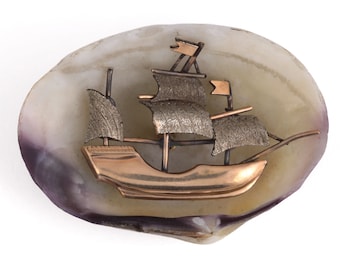 Antique Victorian Real Clam Sea Shell Brooch Pin w/ Gold & Silver Sailing Ship Boat Fine Vintage Nautical Beach Jewelry