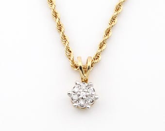 14k Diamond Cluster Pendant Necklace Fine Solid Yellow Gold Rope Chain Signed Solitaire Look 16"