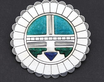 Vintage Carlisle Carolyn Pollack Brooch Pin Pendant 925 Sterling Silver Sunface Turquoise Malachite Lapis Signed