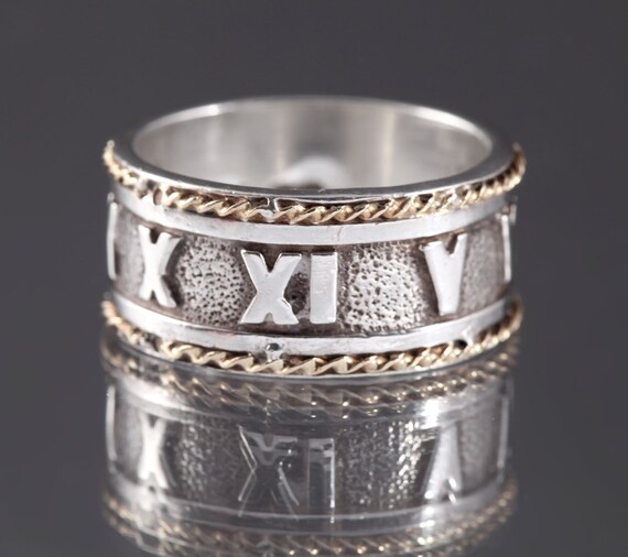 Designer Signed Estate Jewelry Size 7.75 Ring Wide Band Sterling Silver Roman Numerals Ring 925 Sterling Silver Golden Rope