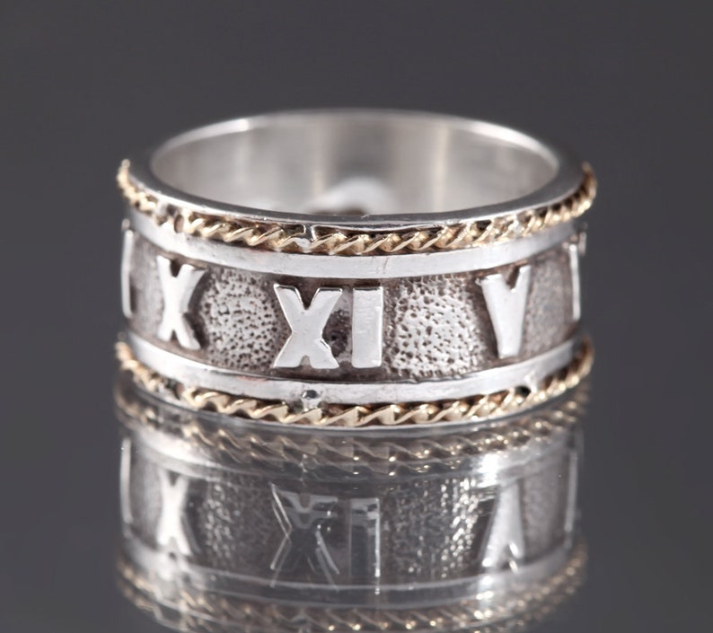Designer Signed Estate Jewelry Size 7.75 Ring Wide Band Sterling Silver Roman Numerals Ring 925 Sterling Silver Golden Rope