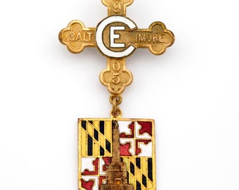 Antique 1905 Baltimore Maryland Brooch Pin Christian Endeavor Convention Medal Badge Vintage Enamel