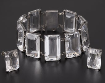 Vintage Japanese Rock Crystal Bracelet and Screw Back Earrings Jewelry Set 925 Sterling Silver Clear Quartz Art Deco Japan Export Link Panel