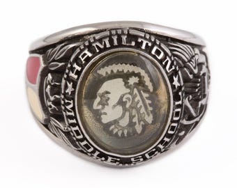 Muestra de anillo de graduación vintage R Johns LTD Valadium, esmalte de escuela secundaria Hamilton, tamaño 8