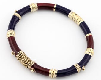 Vintage Italian 925 Sterling Silver Vermeil Bracelet Red Blue Enamel Hinged Bangle Signed 747 VI Oregold Italy Bamboo Design
