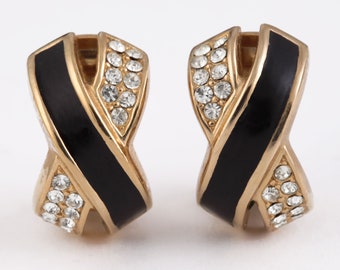 Vintage Christian Dior Clip On Earrings Designer Signed Authentic Gold Tone Black Enamel Clear Pave Rhinestones X