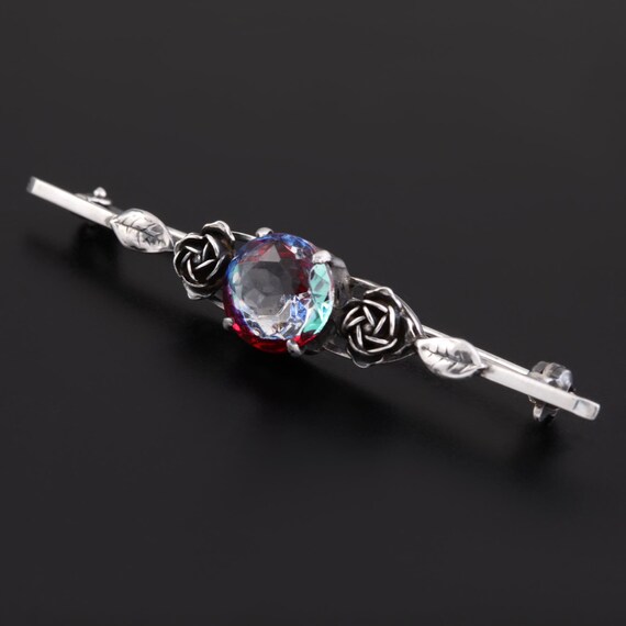 Vintage To Antique Iris Glass Bar Brooch Pin in 850 Silver European Jewelry Rainbow Rhinestone Floral Roses