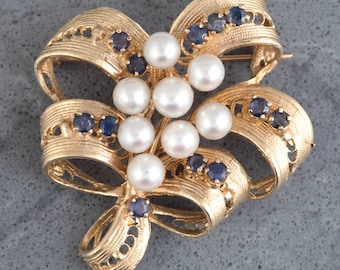 Fine Vintage 14k Sapphire and Cultured Pearl Brooch Pin Solid Yellow Gold Ribbon Floral Spray Broach Mid Century Circa 1960's