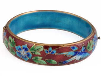 Vintage Cloisonne Enamel Bracelet Old Chinese Asian Estate Jewelry Wide Hinged Bangle Burnt Red & Blue Glazed with Birds and Flowers