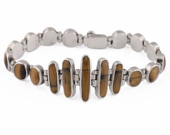 Vintage 950 Silver Taxco Mexico Tigers Eye Bracelet Modernist Mexican Fine Sterling Estate Jewelry Signed TM-153