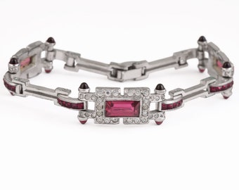 Antique Art Deco Bracelet c. 1920's to 1930's Vintage Ruby Red and Clear Paste Rhinestones Rhodium Plated with Bullet Glass Cabochons