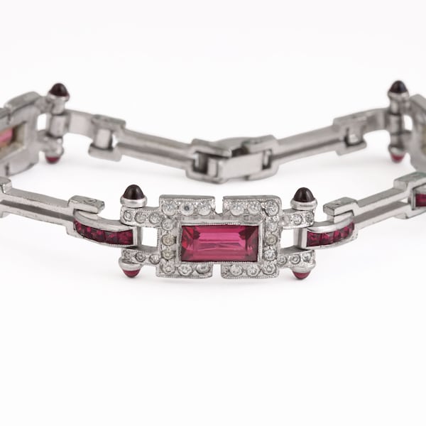 Antique Art Deco Bracelet c. 1920's to 1930's Vintage Ruby Red and Clear Paste Rhinestones Rhodium Plated with Bullet Glass Cabochons