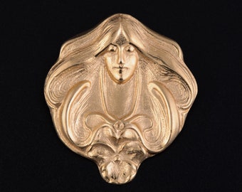 Vintage Signed MFA Museum of Fine Arts Brooch Pin Art Nouveau Revival Jewelry Elegant Woman Gold Tone