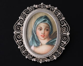 Antique Hand Painted Miniature Art Pendant Brooch Pin Portrait Depicting Michelangelo's The Delphic Sibyl Vintage 800 Silver Filigree