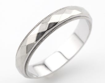 Antique 14k Wedding Ring Band Solid White Gold Milgrain Edge Signed Art Deco Vintage Eternity Beveled Geometric US Size 5.75