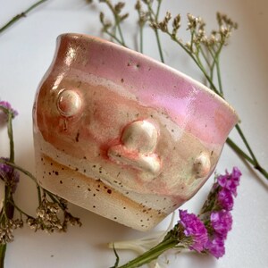 May include: A handmade ceramic bowl with a speckled, off-white base and a pink and peach-coloured rim. The bowl features three raised, circular embellishments and is surrounded by dried flowers. The bowl is approximately 7.6 cm in diameter.