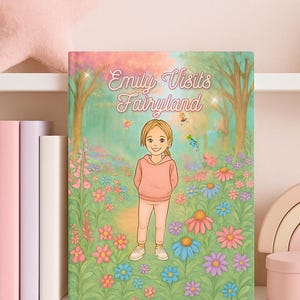 May include: A children's book titled "Emily Visits Fairyland" features a colorful illustration of a girl in a pink outfit standing in a flower-filled meadow. The cover art has a whimsical, storybook style with a pink and green color scheme.