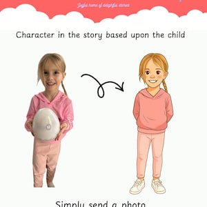 May include: An illustration shows a child's photo transformed into a cartoon character. The image features a girl in pink clothing holding a white object, transitioning to a cartoon version of the girl in similar attire. Text reads "GIGGLENENT TALES" and "Simply send a photo after placing your order."
