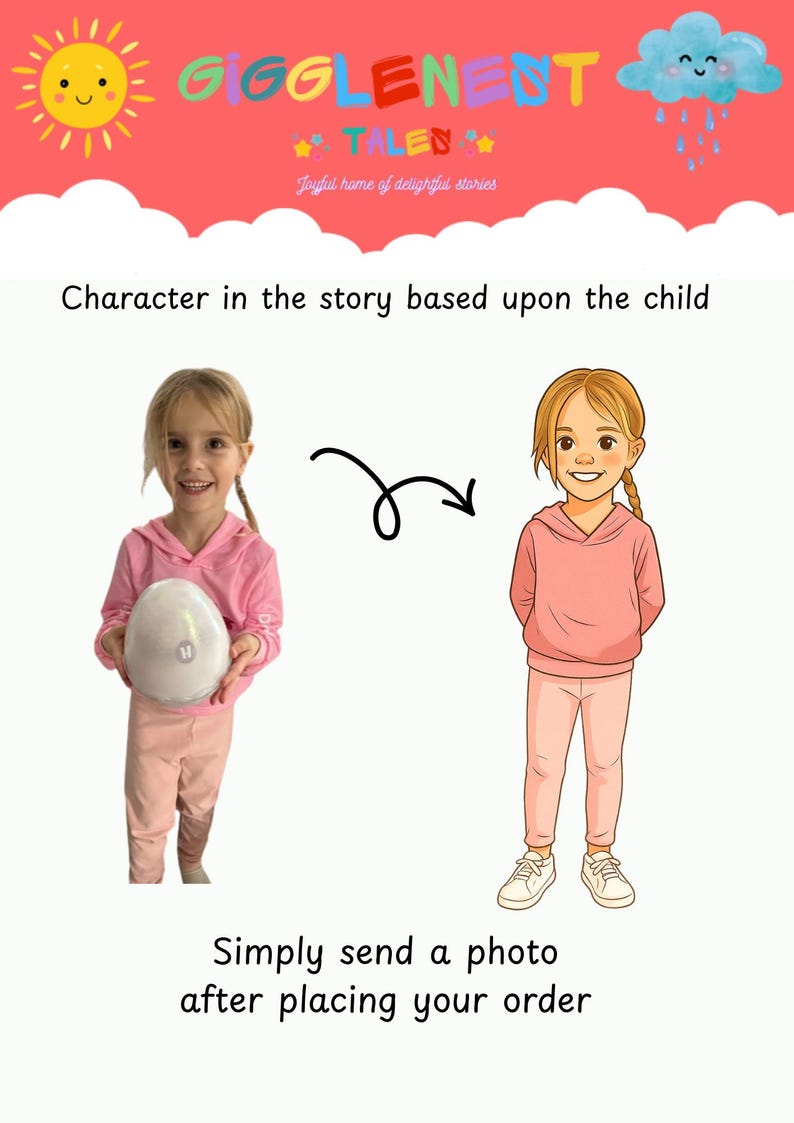 May include: An illustration shows a child's photo transformed into a cartoon character. The image features a girl in pink clothing holding a white object, transitioning to a cartoon version of the girl in similar attire. Text reads "GIGGLENENT TALES" and "Simply send a photo after placing your order."