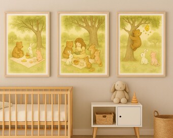Woodland Animals Nursery Prints – Bear, Bunny Picnic Art (Set of 3) (Digital Download)
