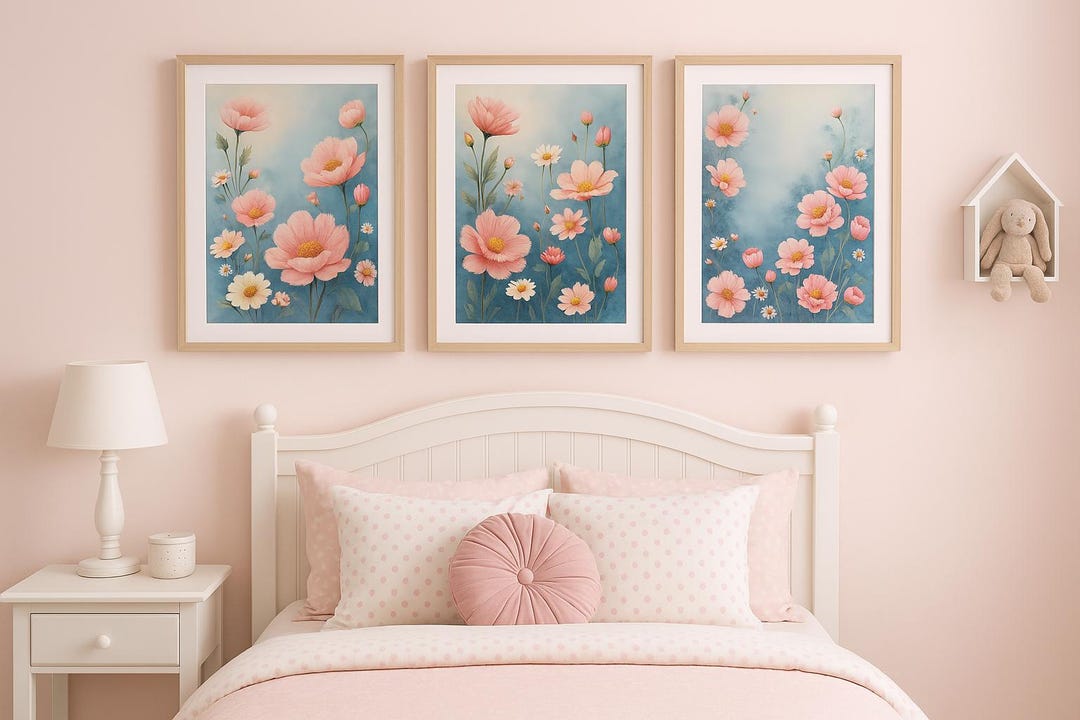 Pink Floral Whimsical Wall Art Set – Pastel Flower Prints for Girls ...