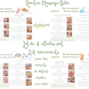 Puede incluir: Un conjunto de cuatro carteles A4 con instrucciones de masaje para bebés. Los carteles presentan ilustraciones y texto en francés, que detallan 24 movimientos de masaje para la relajación. El texto incluye "Routine Massage Bébé" y "Les petits pieds".