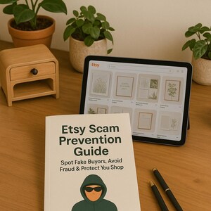 May include: A book titled "Etsy Scam Prevention Guide" with the text "Spot Fake Buyors, Avoid Fraud & Protect You Shop" is on a wooden desk. A tablet displaying an Etsy shop and two pens are also on the desk. Small potted plants and a wooden drawer are in the background.