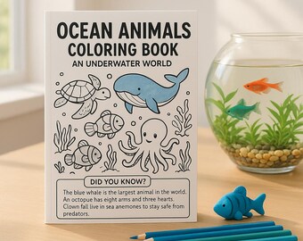 May include: A colouring book titled "OCEAN ANIMALS COLORING BOOK" with illustrations of sea creatures, including a whale, turtle, and octopus. The book is accompanied by blue pencils, a blue fish figurine, and a fishbowl with live fish.