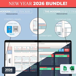 May include: A digital bundle for 2026, featuring habit and project trackers. The image shows a tablet screen with detailed charts, calendars, and control panels. The design includes red, blue, and green accents, with options for Google Sheets and Excel.